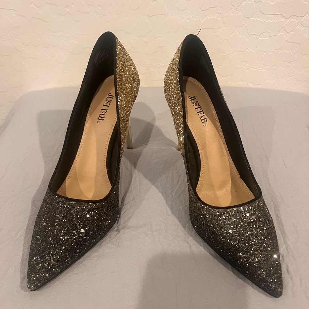 JustFab Black and Gold Glitter Heels